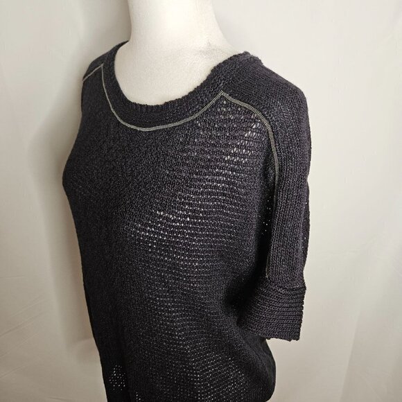 Chico's Size Medium (1) Round Neck Short Sleeve Deep Navy Open Knit Sweater - Picture 3 of 9